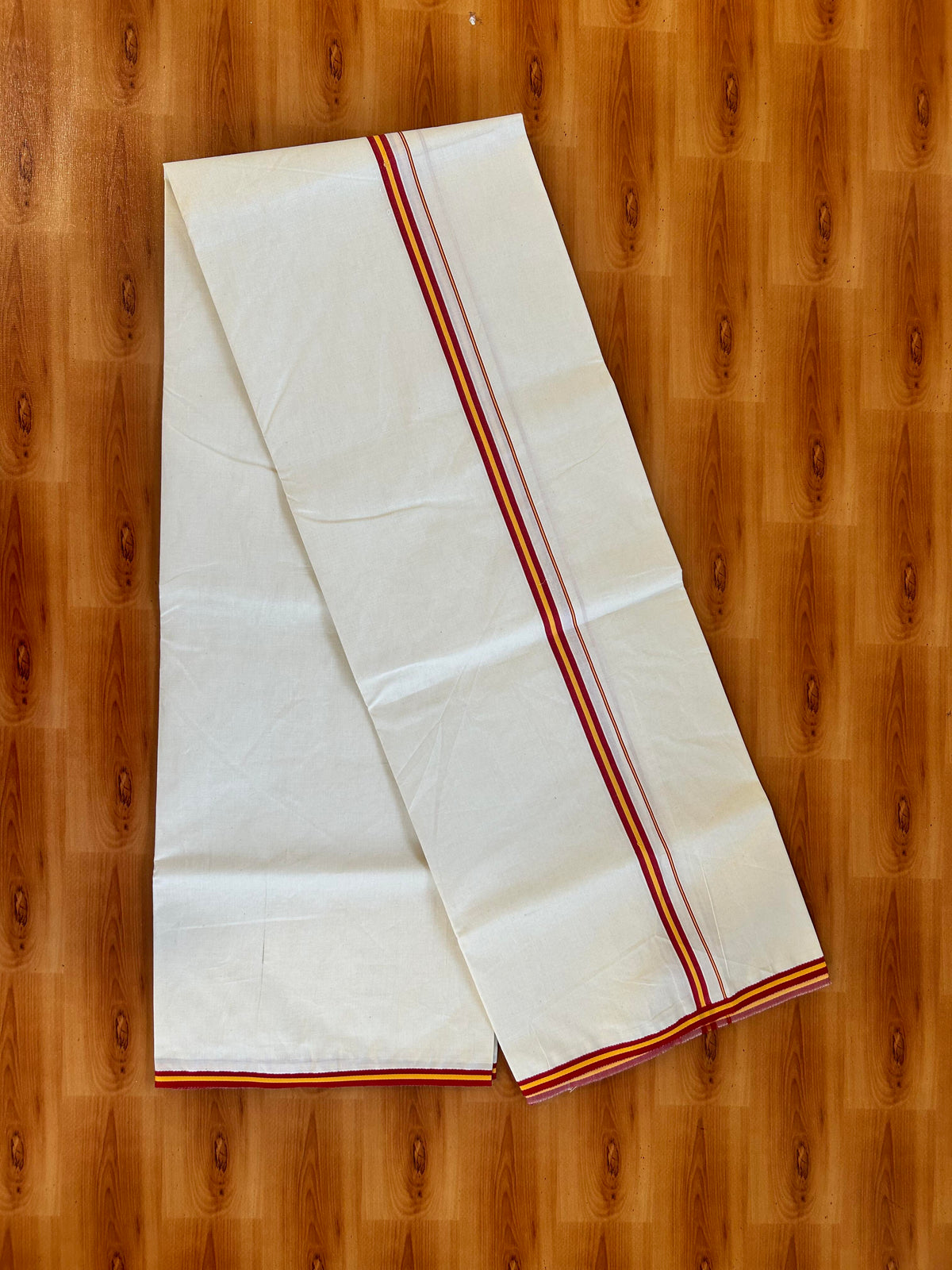Tvk Veshti Single Off white - 22% Discount! KaithariKada 100%  Un-Bleached Mercerised Cotton Single Mundu/Dhoti - 100x100 - 0.5 inch Dark Red & Yellow Kara - 2 mtr ( 4 muzham) - 2 KK5466 KBF