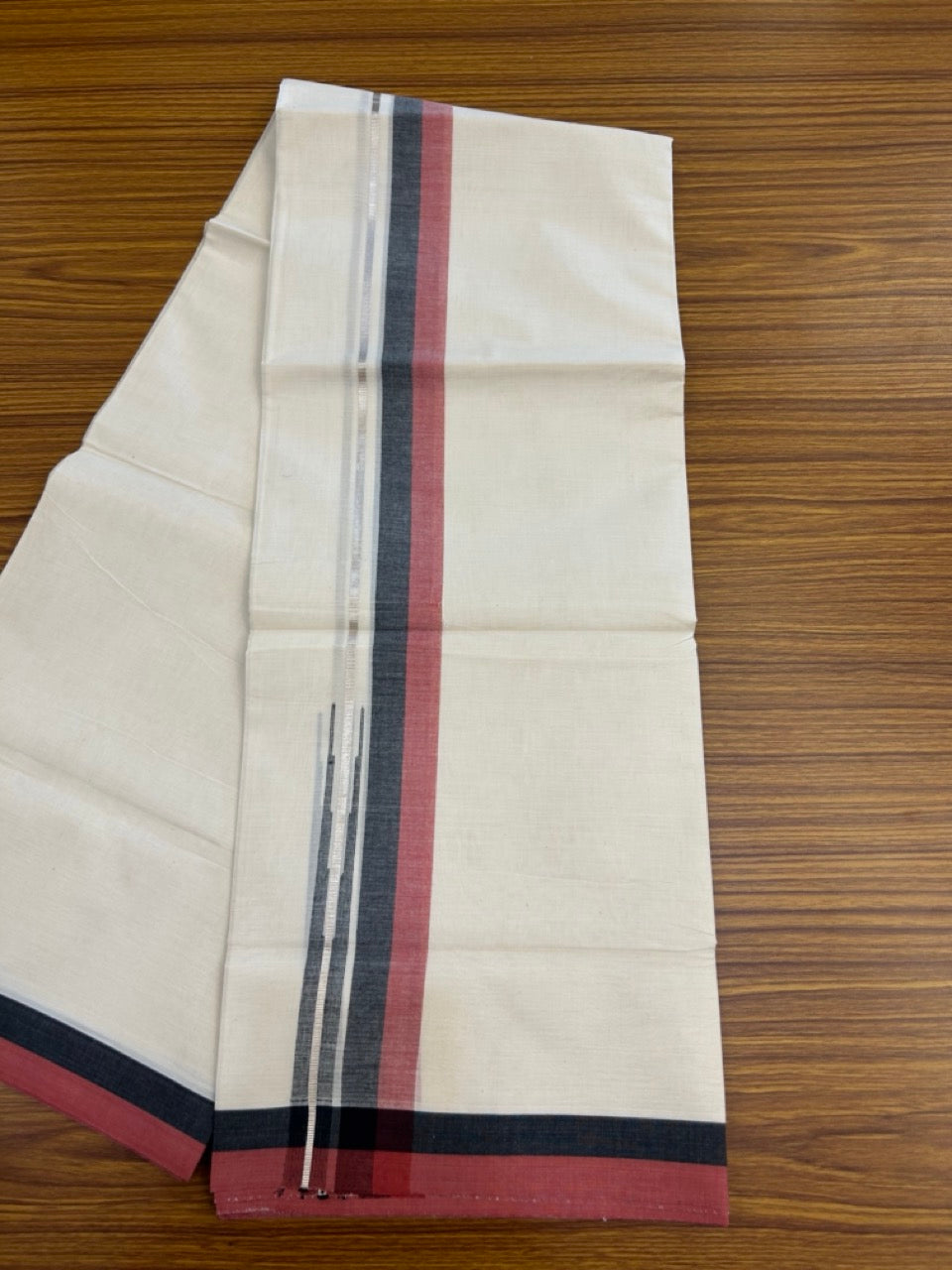 20% Discount ! Kaitharikada Balaramapuram 100% Pure Cotton Double Off white (Unbleached) Mundu/Dhoti - 100x80 - 1.5 inch Silver Kasav Black & Maroon Shaded Stripes Chutty Kara 4 mtr (8.5 muzham) - 32 KK5283 PMC