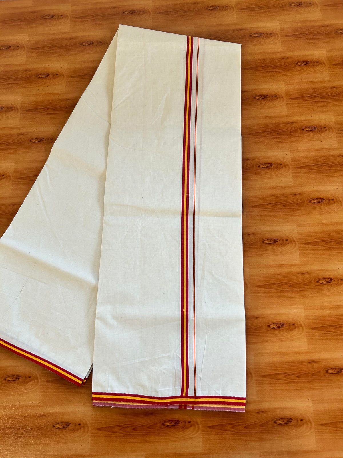 Tvk Veshti Single Off white - 22% Discount! KaithariKada 100%  Un-Bleached Mercerised Cotton Single Mundu/Dhoti - 100x100 - 0.5 inch Dark Red & Yellow Kara - 2 mtr ( 4 muzham) - 2 KK5466 KBF