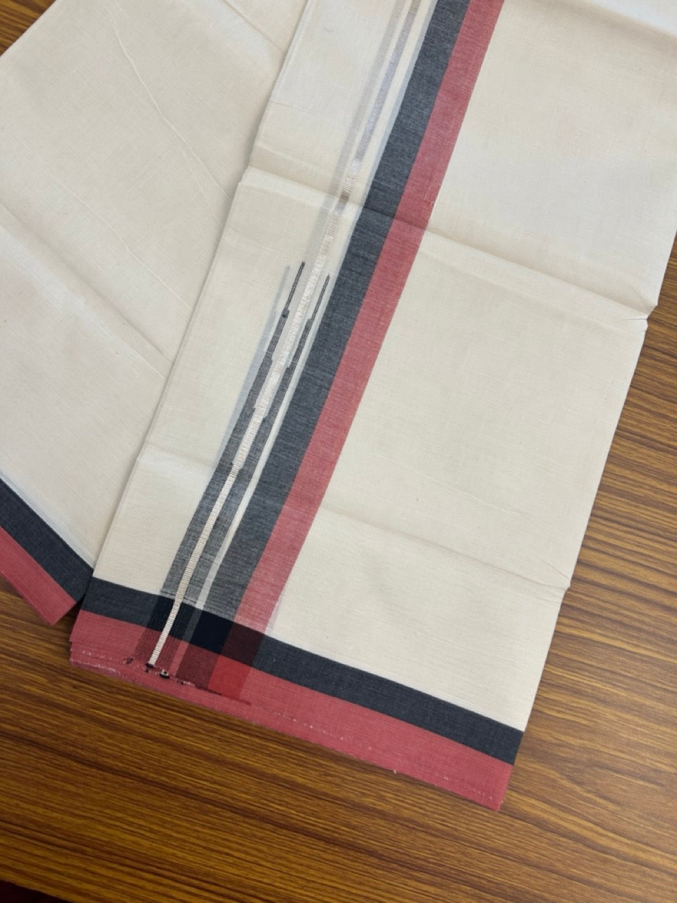 20% Discount ! Kaitharikada Balaramapuram 100% Pure Cotton Double Off white (Unbleached) Mundu/Dhoti - 100x80 - 1.5 inch Silver Kasav Black & Maroon Shaded Stripes Chutty Kara 4 mtr (8.5 muzham) - 32 KK5283 PMC