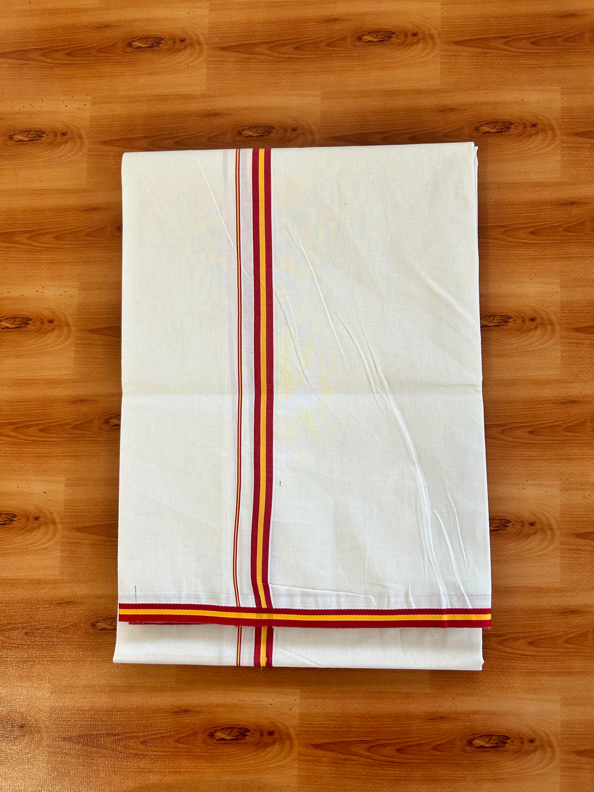 Tvk Veshti Single Off white - 22% Discount! KaithariKada 100%  Un-Bleached Mercerised Cotton Single Mundu/Dhoti - 100x100 - 0.5 inch Dark Red & Yellow Kara - 2 mtr ( 4 muzham) - 2 KK5466 KBF