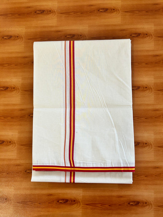 Tvk Veshti Single Off white - 22% Discount! KaithariKada 100%  Un-Bleached Mercerised Cotton Single Mundu/Dhoti - 100x100 - 0.5 inch Dark Red & Yellow Kara - 2 mtr ( 4 muzham) - 2 KK5466 KBF