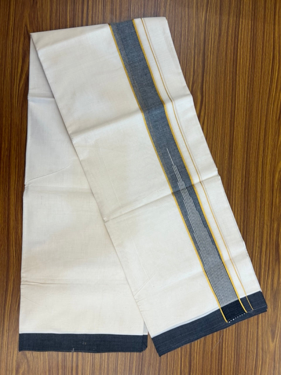 20% Discount ! Kaitharikada Balaramapuram 100% Pure Cotton Double Off white (Unbleached) Mundu/Dhoti - 100x80 - 1.75 inch Gold Kasav Black Shaded Stripes Chutty Kara - 16 KK5283 PMC