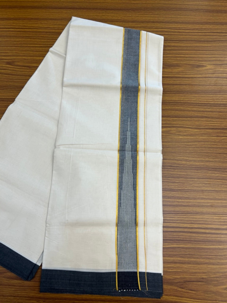 20% Discount ! Kaitharikada Balaramapuram 100% Pure Cotton Double Off white (Unbleached) Mundu/Dhoti - 100x80 - 1.75 inch Gold Kasav Black Shaded Stripes Chutty Kara - 16 KK5283 PMC