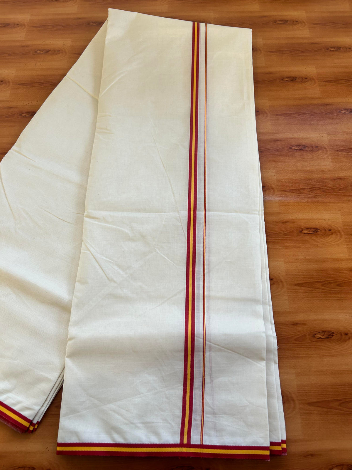 Tvk Veshti Double Off white - 28% Discount! KaithariKada 100%  Un-Bleached Mercerised Cotton Double Mundu/Dhoti - 100x100 - 0.5 inch Dark Red & Yellow Kara - 4 mtr ( 8.5 muzham) - 1 KK5466 KBF