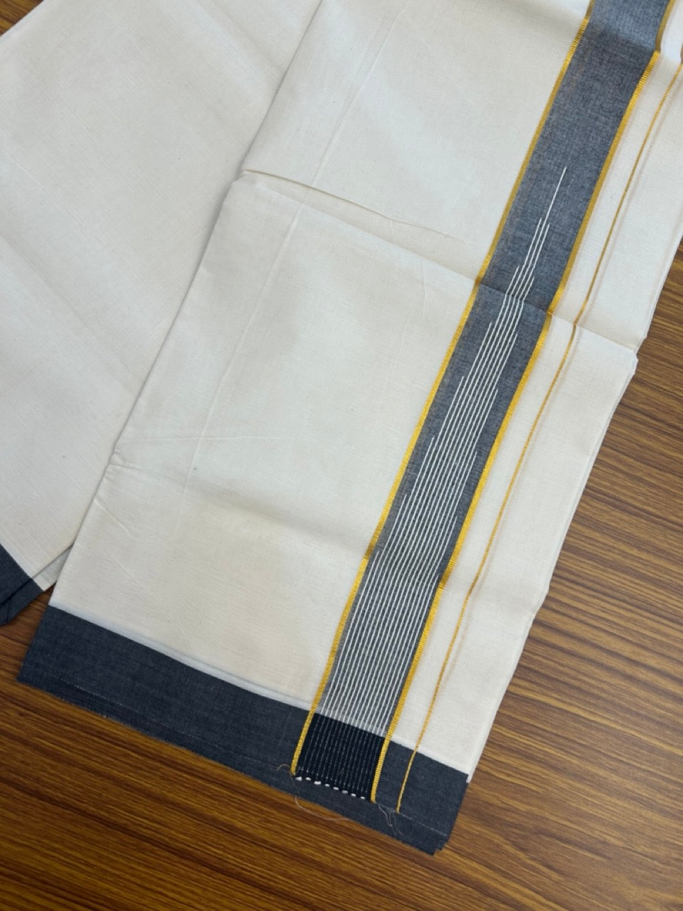 20% Discount ! Kaitharikada Balaramapuram 100% Pure Cotton Double Off white (Unbleached) Mundu/Dhoti - 100x80 - 1.75 inch Gold Kasav Black Shaded Stripes Chutty Kara - 16 KK5283 PMC
