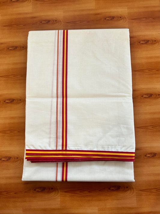 Tvk Veshti Double Off white - 28% Discount! KaithariKada 100%  Un-Bleached Mercerised Cotton Double Mundu/Dhoti - 100x100 - 0.5 inch Dark Red & Yellow Kara - 4 mtr ( 8.5 muzham) - 1 KK5466 KBF