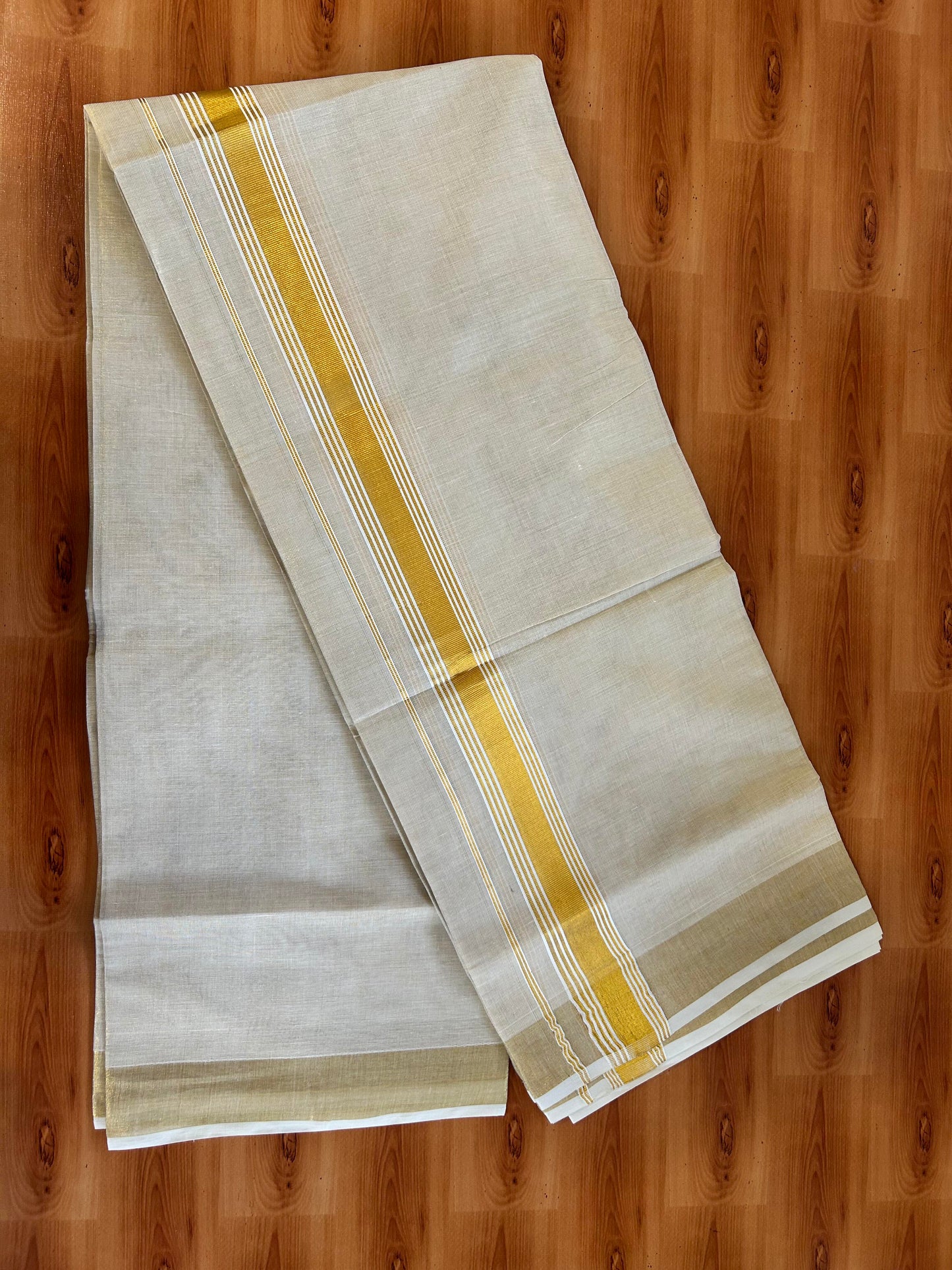 20% Discount! Double KaithariKada Tissue Mixed Cotton 60s - Gold Kasav Tissue Double Dhoti/Mund 1.75 inch gold Kasav Striped kara - 4 mtr (8.5 muzham)- 12 KK5463 PMC