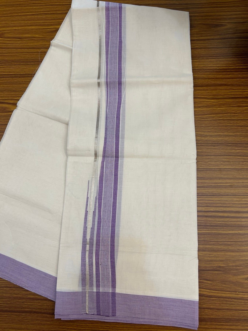 20% Discount ! Kaitharikada Balaramapuram 100% Pure Cotton Double Off white (Unbleached) Mundu/Dhoti - 100x80 - 1.25 inch Silver Kasav Lavender Shaded Stripes Chutty Kara 4 mtr (8.5 muzham) - 35 KK5283 PMC