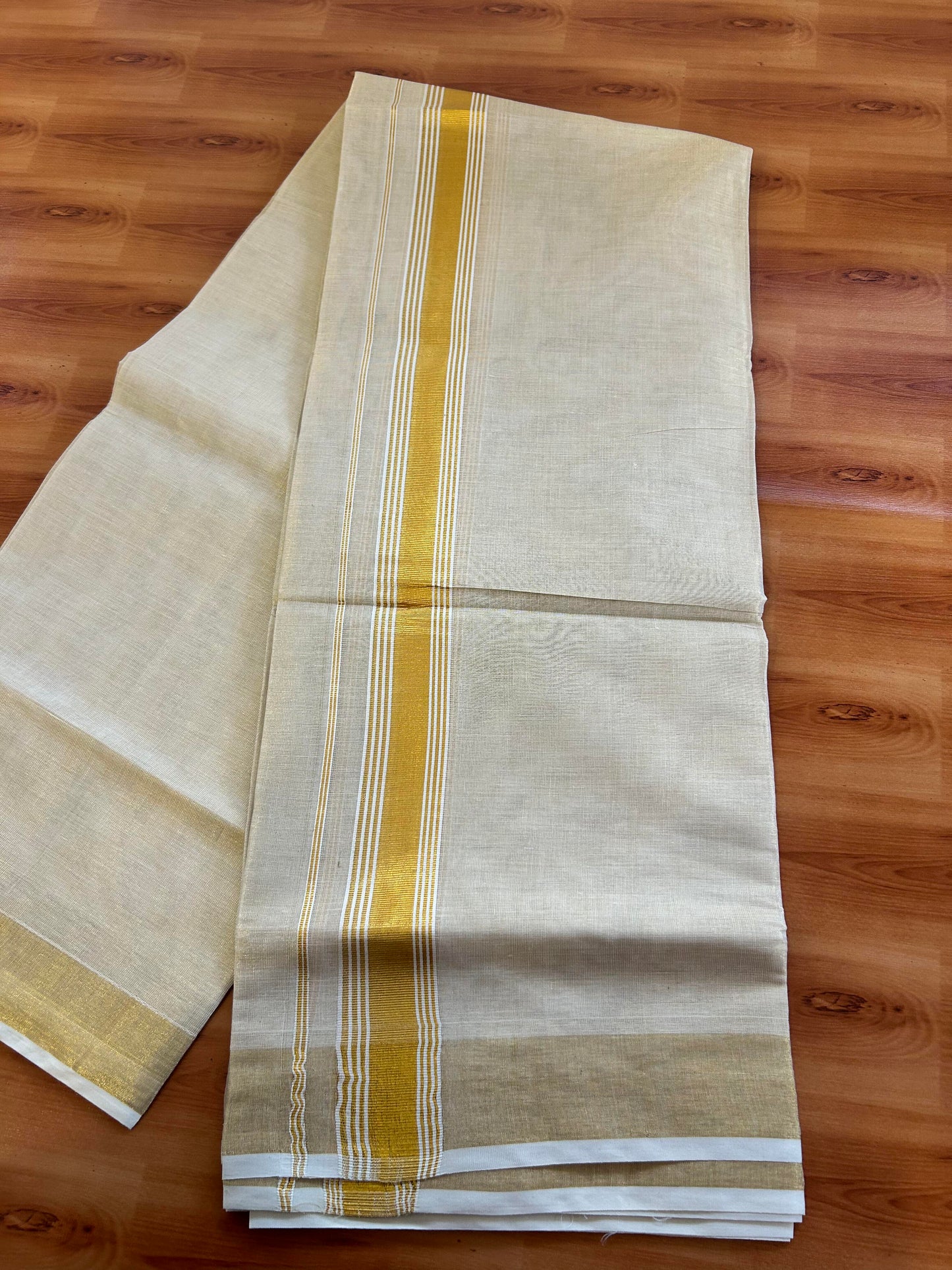 20% Discount! Double KaithariKada Tissue Mixed Cotton 60s - Gold Kasav Tissue Double Dhoti/Mund 1.75 inch gold Kasav Striped kara - 4 mtr (8.5 muzham)- 12 KK5463 PMC