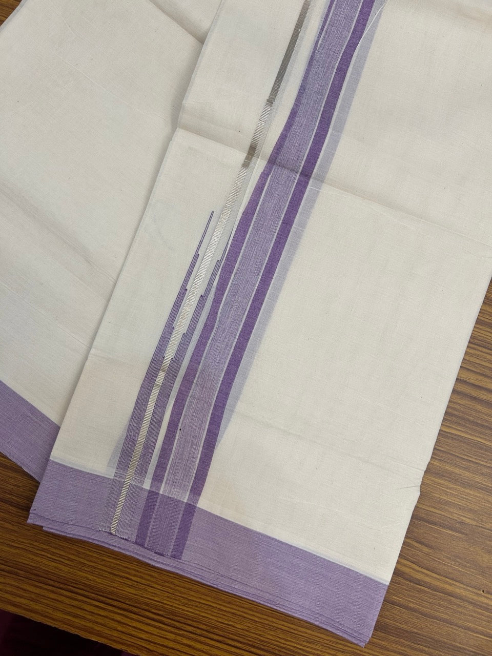 20% Discount ! Kaitharikada Balaramapuram 100% Pure Cotton Double Off white (Unbleached) Mundu/Dhoti - 100x80 - 1.25 inch Silver Kasav Lavender Shaded Stripes Chutty Kara 4 mtr (8.5 muzham) - 35 KK5283 PMC