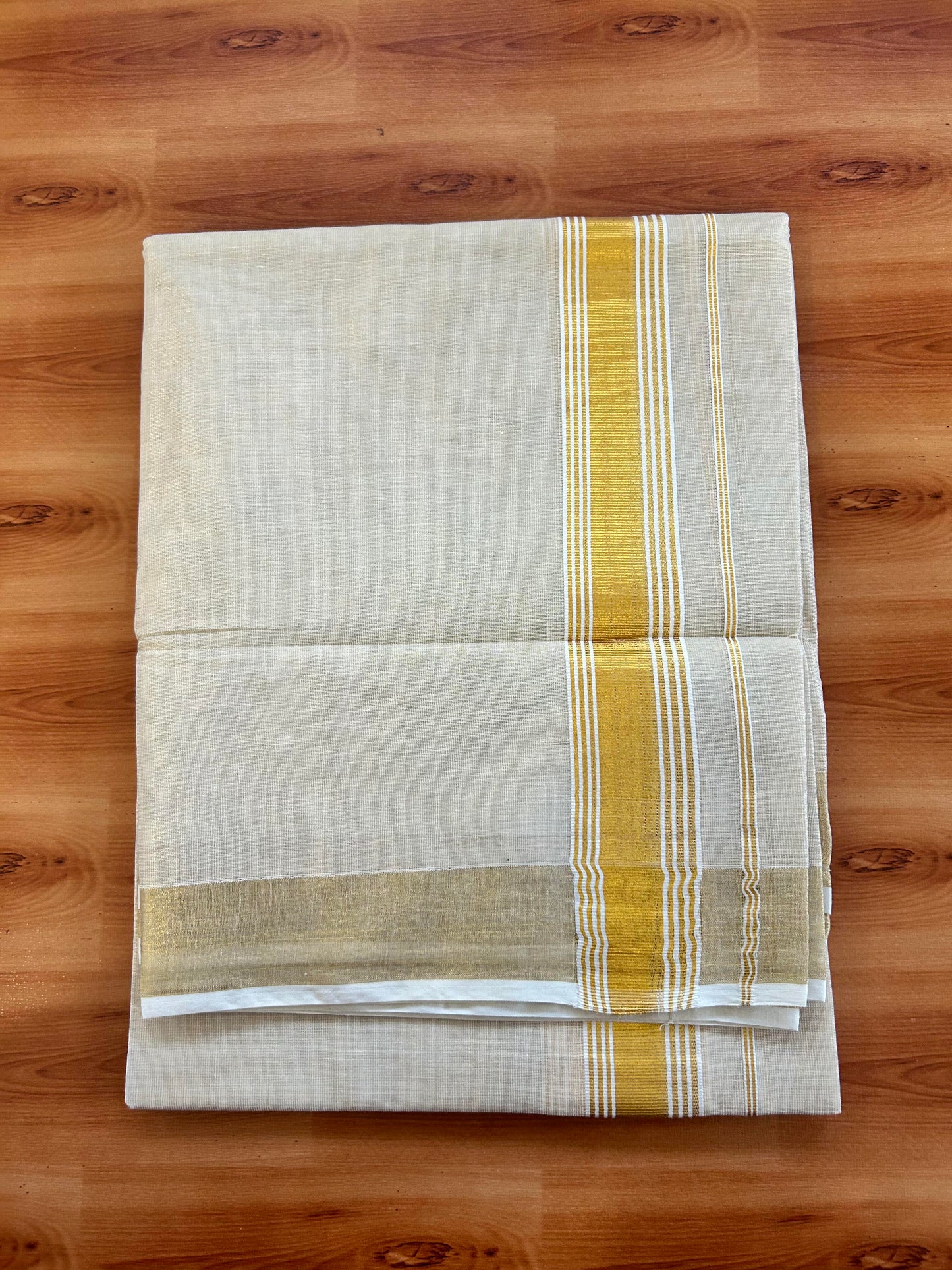 20% Discount! Double KaithariKada Tissue Mixed Cotton 60s - Gold Kasav Tissue Double Dhoti/Mund 1.75 inch gold Kasav Striped kara - 4 mtr (8.5 muzham)- 12 KK5463 PMC