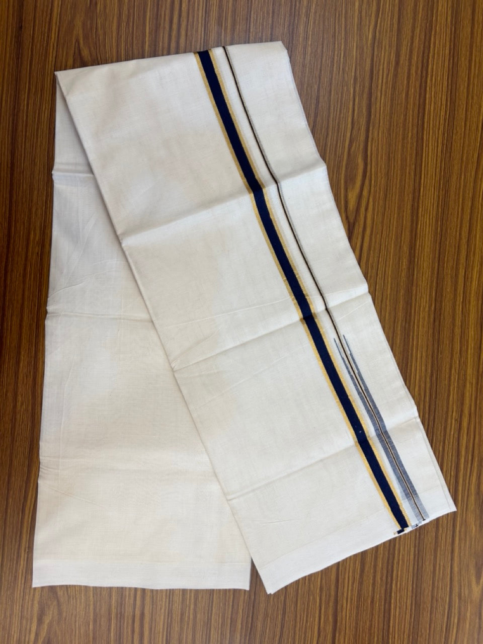 20% Discount ! Kaitharikada Balaramapuram 100% Pure Cotton Double Off white (Unbleached) Mundu/Dhoti - 100x80 - 0.75 inch Gold Kasav & Navy Blue Shaded Chutty Kara - 22 KK5283 PMC