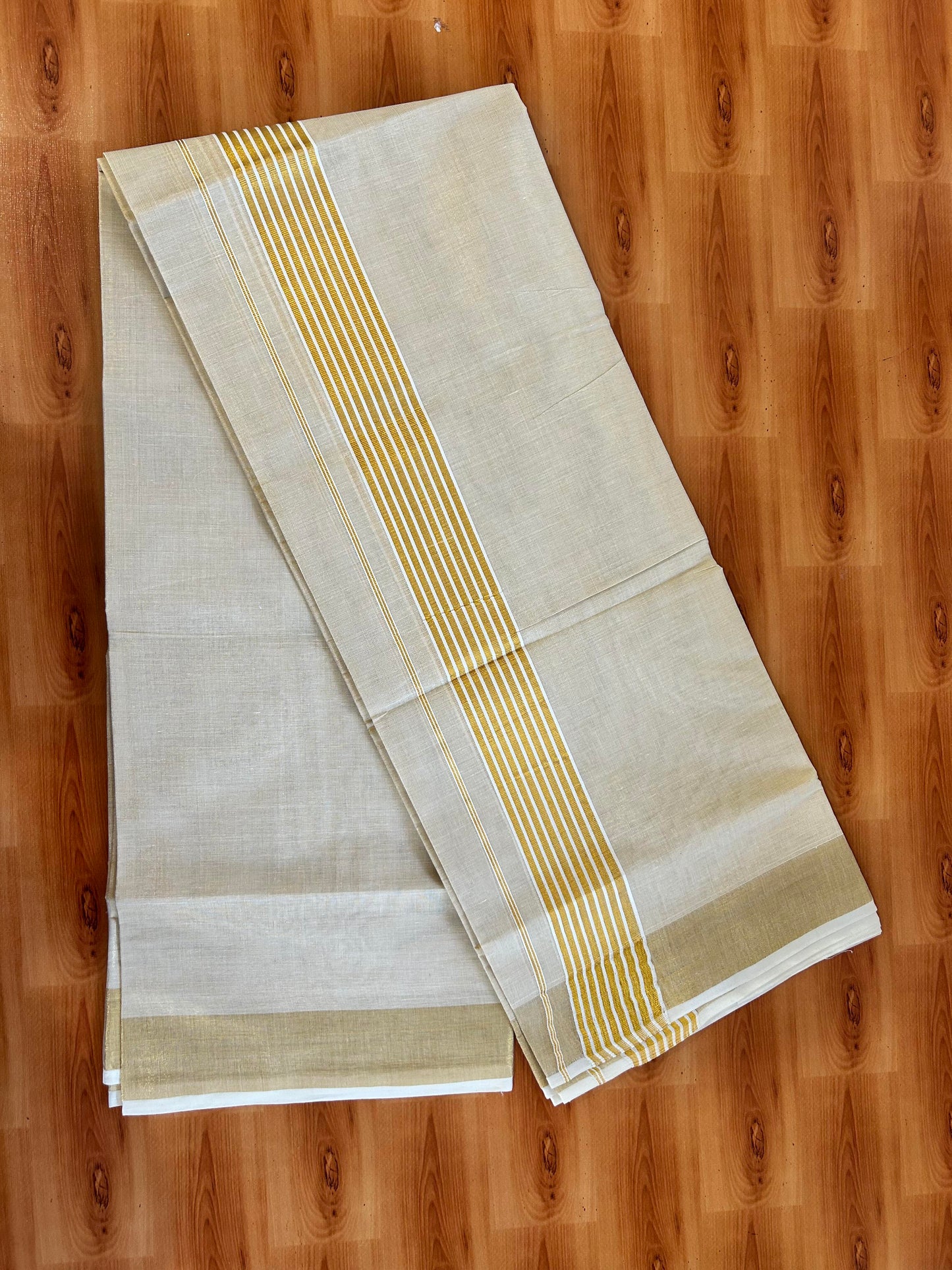 20% Discount! Double KaithariKada Tissue Mixed Cotton 60s - Gold Kasav Tissue Double Dhoti/Mund - 2 inch gold Kasav Striped kara - 4 mtr (8.5 muzham)- 13 KK5463 PMC