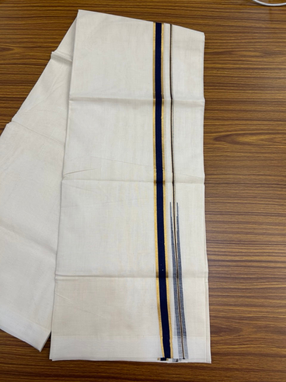 20% Discount ! Kaitharikada Balaramapuram 100% Pure Cotton Double Off white (Unbleached) Mundu/Dhoti - 100x80 - 0.75 inch Gold Kasav & Navy Blue Shaded Chutty Kara - 22 KK5283 PMC