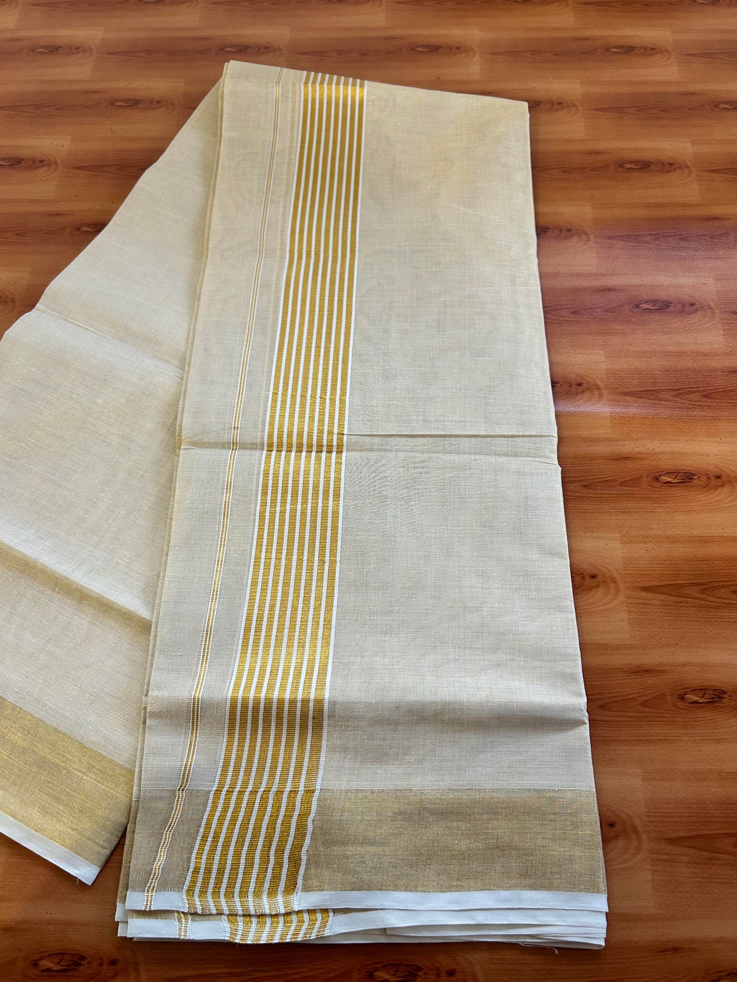 20% Discount! Double KaithariKada Tissue Mixed Cotton 60s - Gold Kasav Tissue Double Dhoti/Mund - 2 inch gold Kasav Striped kara - 4 mtr (8.5 muzham)- 13 KK5463 PMC