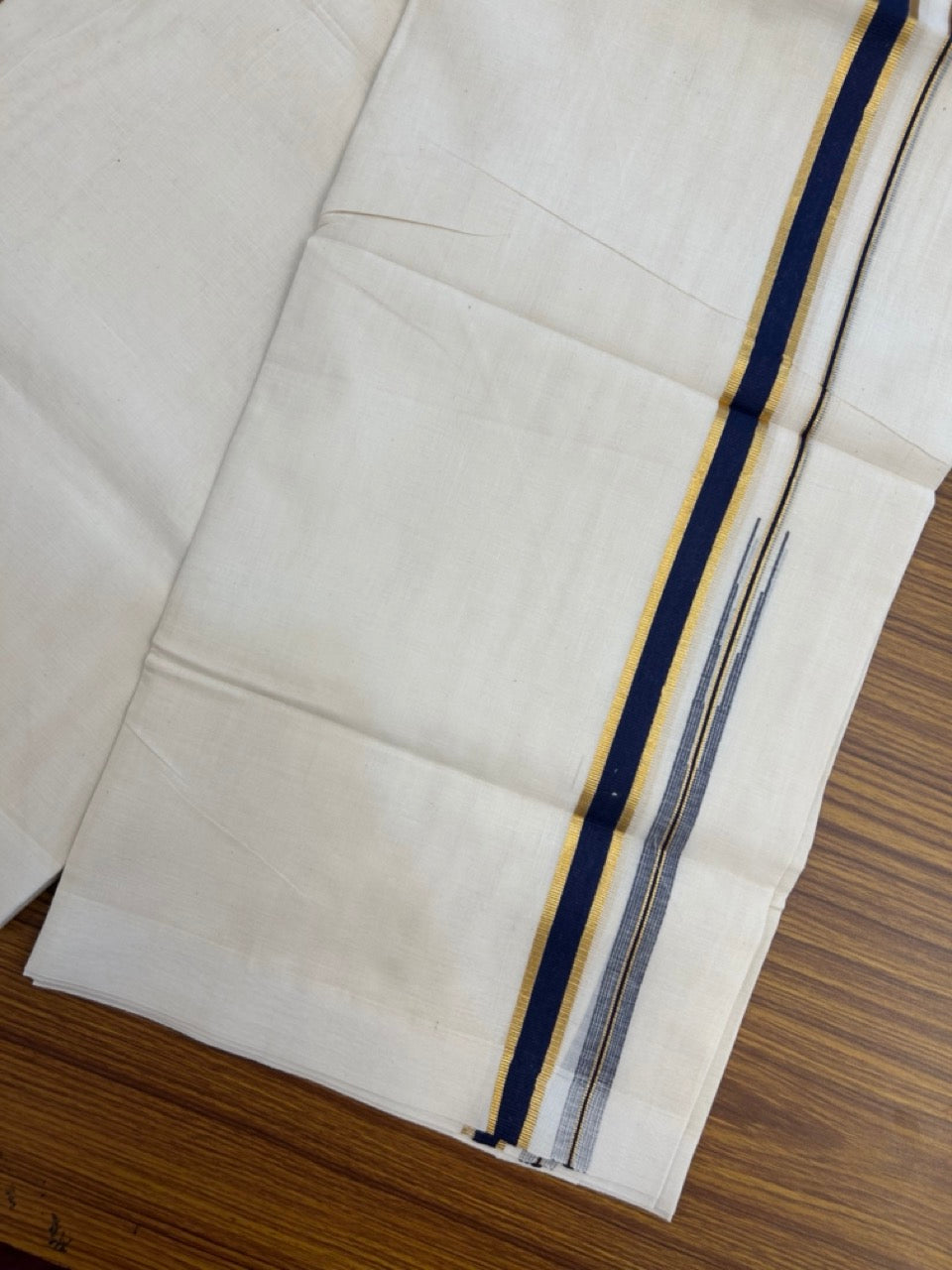 20% Discount ! Kaitharikada Balaramapuram 100% Pure Cotton Double Off white (Unbleached) Mundu/Dhoti - 100x80 - 0.75 inch Gold Kasav & Navy Blue Shaded Chutty Kara - 22 KK5283 PMC