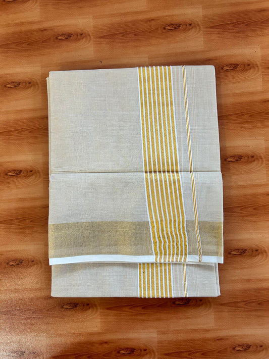 20% Discount! Double KaithariKada Tissue Mixed Cotton 60s - Gold Kasav Tissue Double Dhoti/Mund - 2 inch gold Kasav Striped kara - 4 mtr (8.5 muzham)- 13 KK5463 PMC