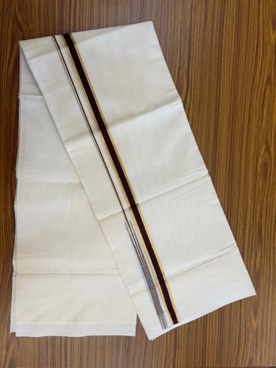 20% Discount ! Kaitharikada Balaramapuram 100% Pure Cotton Double Off white (Unbleached) Mundu/Dhoti - 100x80 - 0.75 inch Gold Kasav & Dark Maroon Shaded Chutty Kara - 21 KK5283 PMC