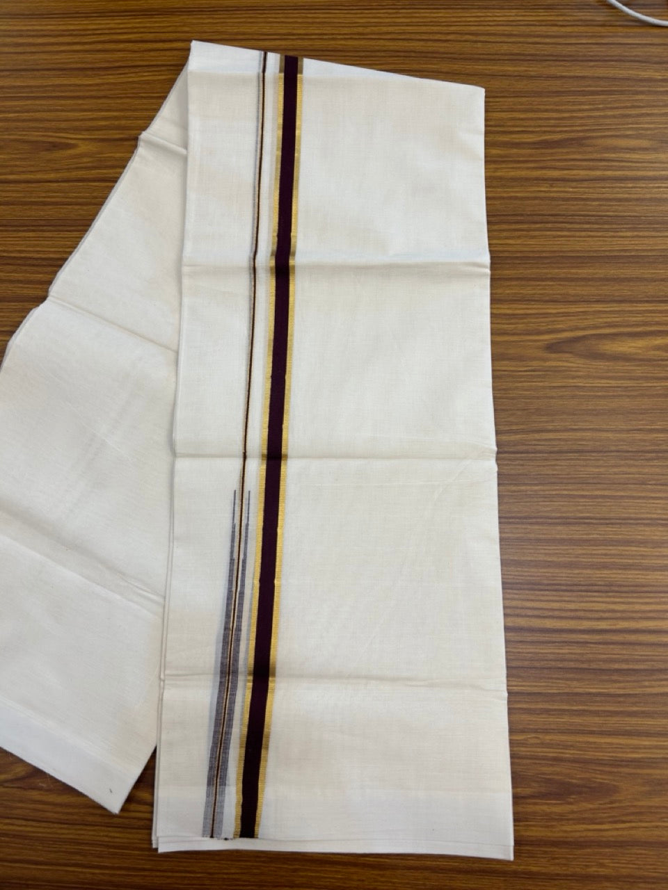 20% Discount ! Kaitharikada Balaramapuram 100% Pure Cotton Double Off white (Unbleached) Mundu/Dhoti - 100x80 - 0.75 inch Gold Kasav & Dark Maroon Shaded Chutty Kara - 21 KK5283 PMC