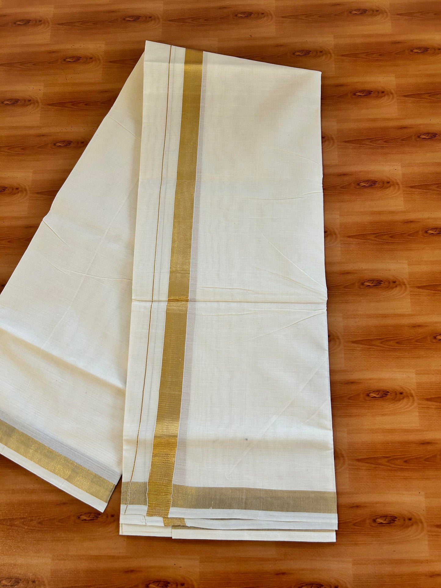 Double Off White (Unbleached) Mundu/Dothi- 20% Discount! Kaitharikada Pure Cotton - 60s - 1 inch Gold Kasav Kara 4 mtr (8.5 muzham) - 14 KK5463 PMC