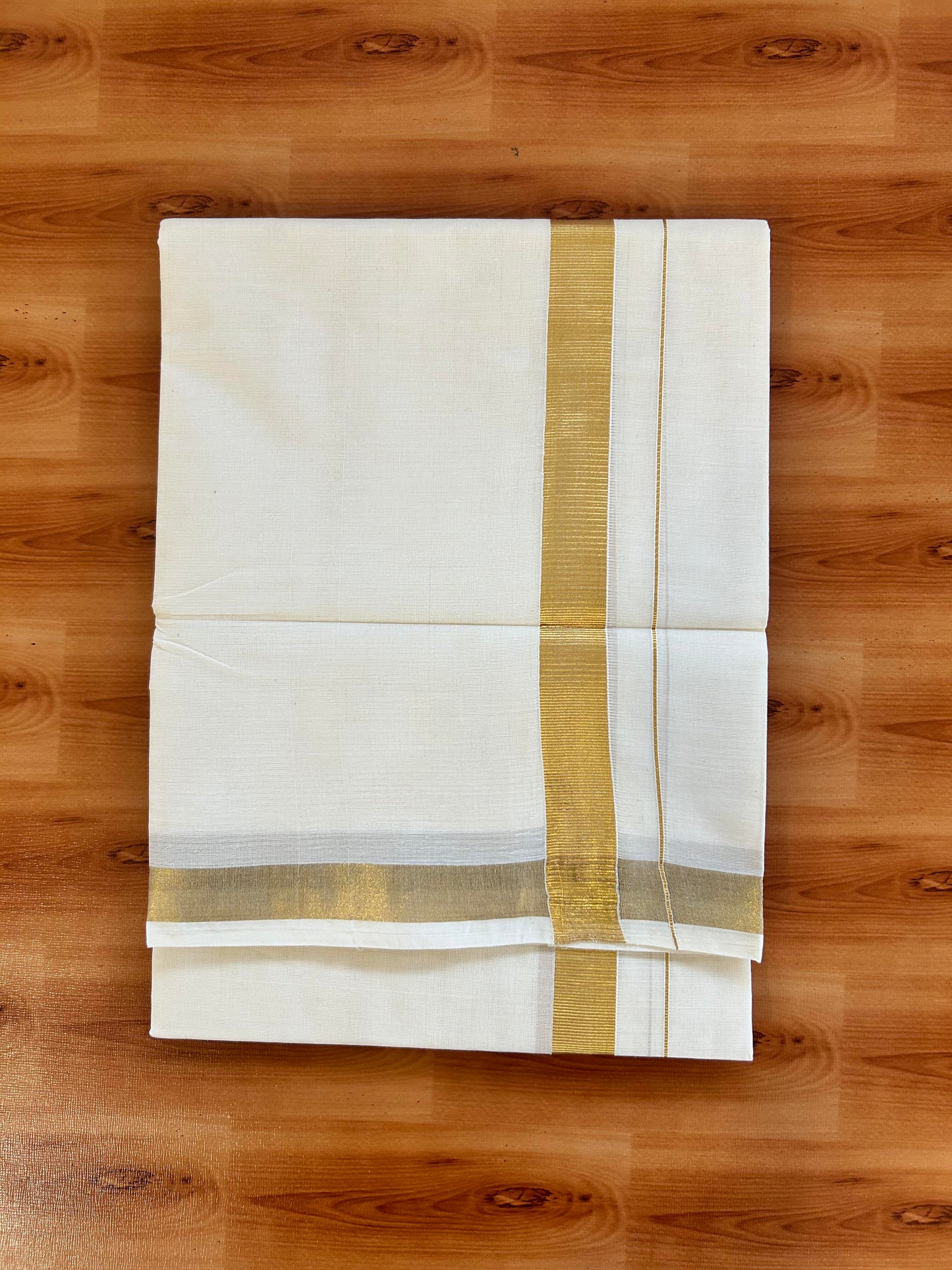 Double Off White (Unbleached) Mundu/Dothi- 20% Discount! Kaitharikada Pure Cotton - 60s - 1 inch Gold Kasav Kara 4 mtr (8.5 muzham) - 14 KK5463 PMC