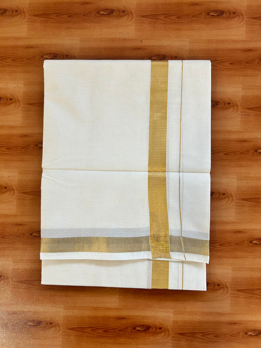 Double Off White (Unbleached) Mundu/Dothi- 20% Discount! Kaitharikada Pure Cotton - 60s - 1 inch Gold Kasav Kara 4 mtr (8.5 muzham) - 14 KK5463 PMC