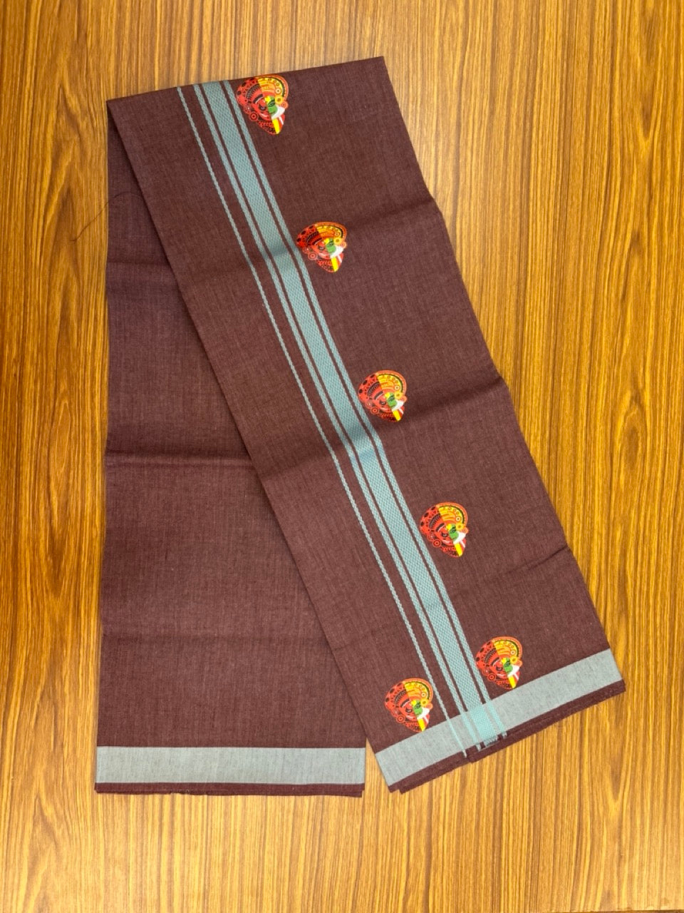 22% Discount! Kaitharikada Pure Cotton - Single Kaily / Lungi - (40s) - 1.25 inch Teal Blue striped Theyyam Kadhakali Printed Design kara with Velvet Maroon shaded colour body  (2 meter / 4 muzham) - 11 KK8028 GAN