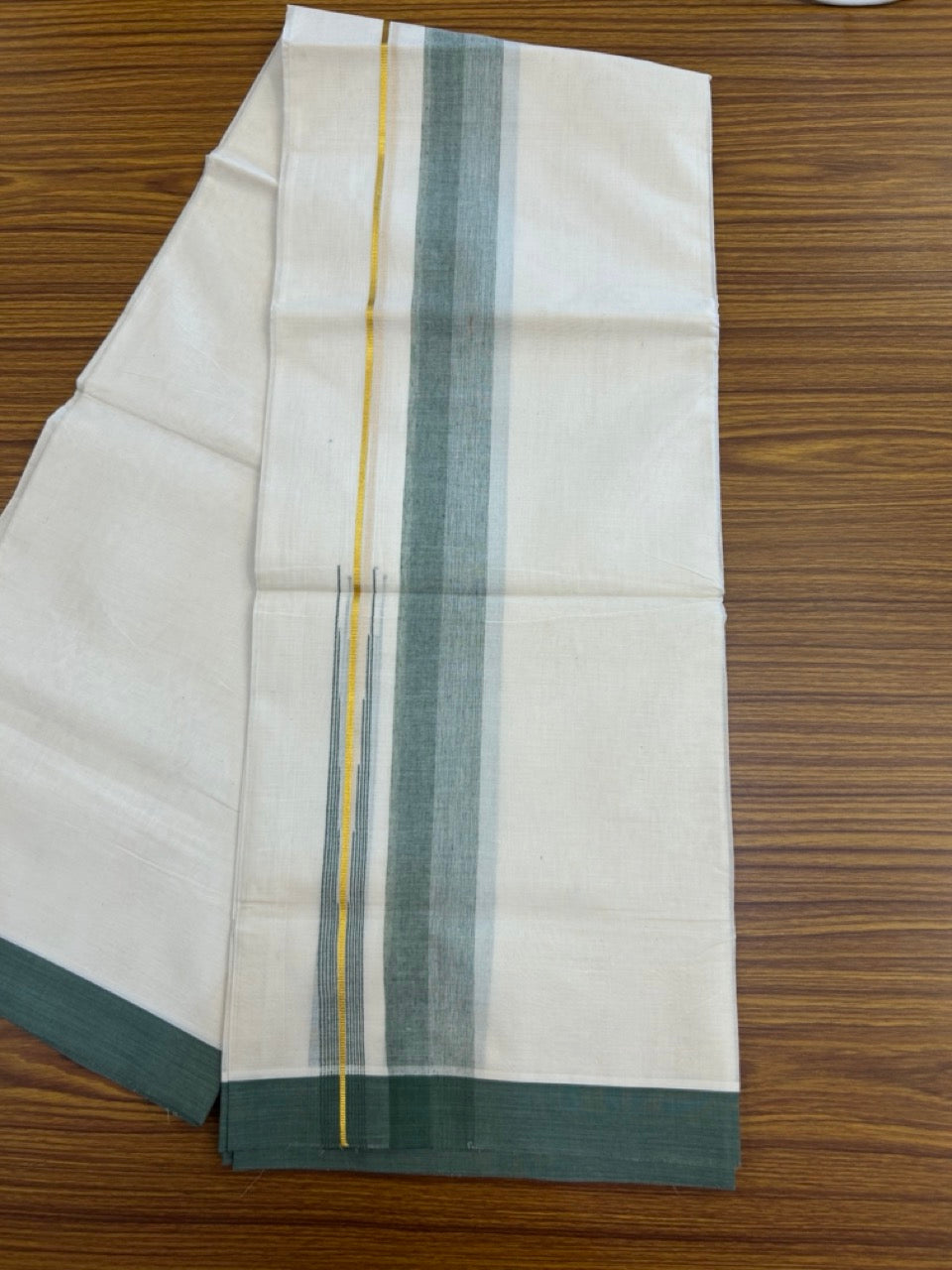 20% Discount ! Kaitharikada Balaramapuram 100% Pure Cotton Double Off white (Unbleached) Mundu/Dhoti - 100x80 - 1.75 inch Gold Kasav Sage Green Shaded Stripes Chutty Kara - 15 KK5283 PMC