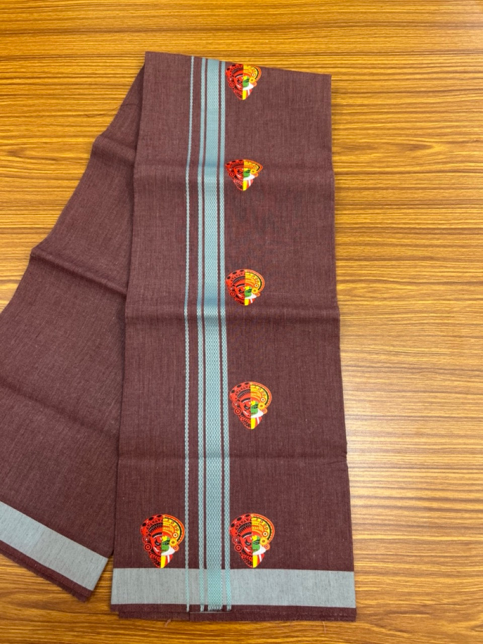 22% Discount! Kaitharikada Pure Cotton - Single Kaily / Lungi - (40s) - 1.25 inch Teal Blue striped Theyyam Kadhakali Printed Design kara with Velvet Maroon shaded colour body  (2 meter / 4 muzham) - 11 KK8028 GAN