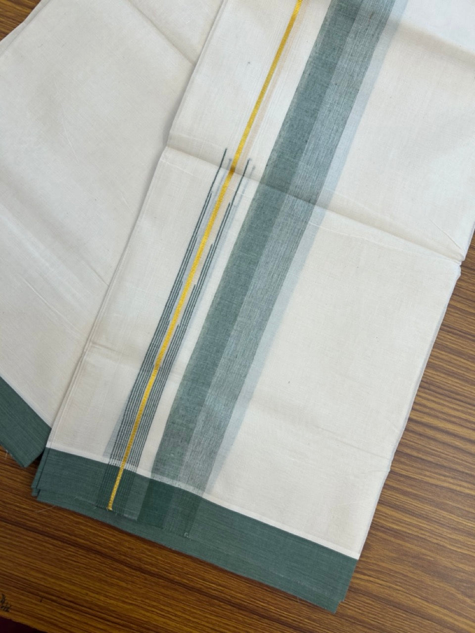 20% Discount ! Kaitharikada Balaramapuram 100% Pure Cotton Double Off white (Unbleached) Mundu/Dhoti - 100x80 - 1.75 inch Gold Kasav Sage Green Shaded Stripes Chutty Kara - 15 KK5283 PMC