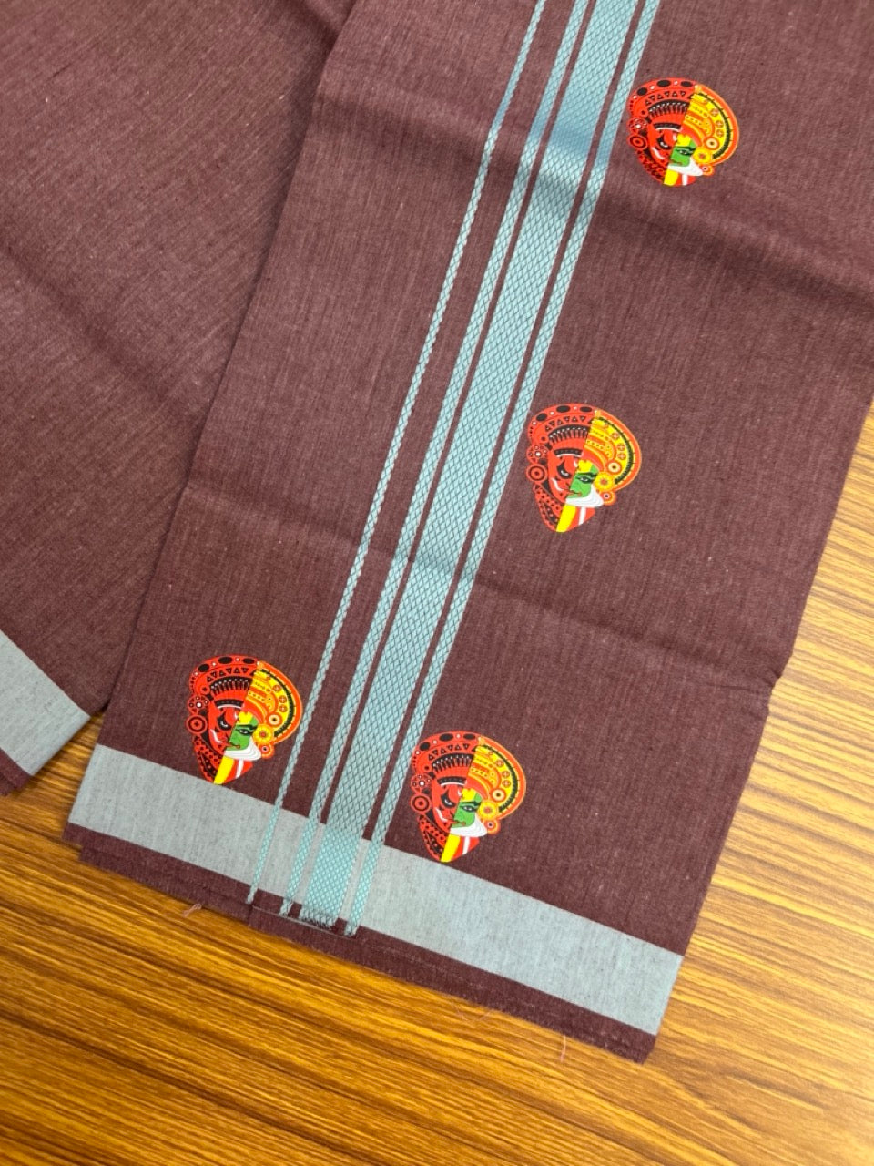 22% Discount! Kaitharikada Pure Cotton - Single Kaily / Lungi - (40s) - 1.25 inch Teal Blue striped Theyyam Kadhakali Printed Design kara with Velvet Maroon shaded colour body  (2 meter / 4 muzham) - 11 KK8028 GAN