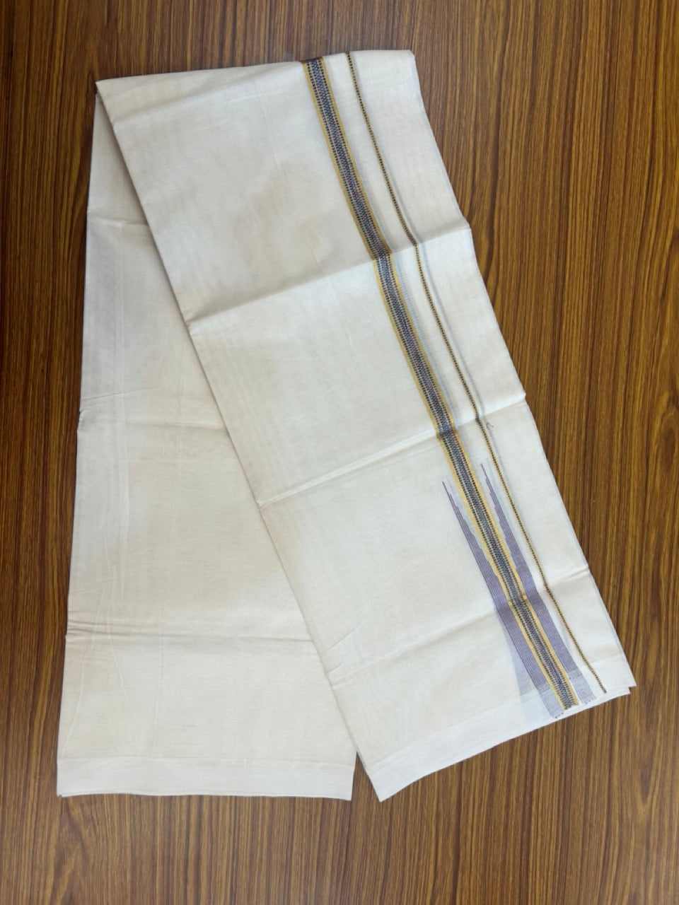 20% Discount ! Kaitharikada Balaramapuram 100% Pure Cotton Double Off white (Unbleached) Mundu/Dhoti - 100x80 - 1.75 inch Gold Kasav & Purple Stripes Chutty Kara - 25 KK5283 PMC
