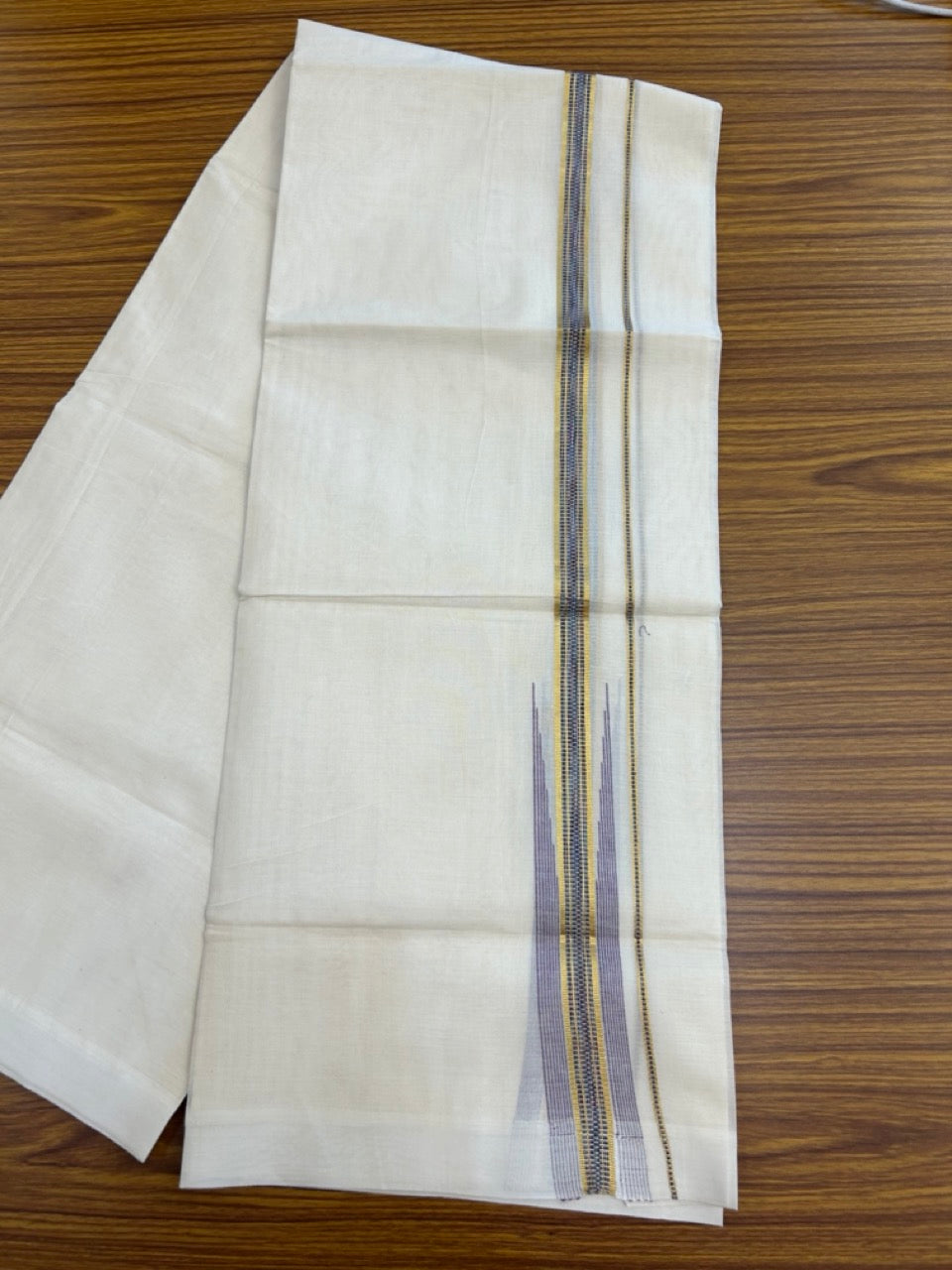 20% Discount ! Kaitharikada Balaramapuram 100% Pure Cotton Double Off white (Unbleached) Mundu/Dhoti - 100x80 - 1.75 inch Gold Kasav & Purple Stripes Chutty Kara - 25 KK5283 PMC