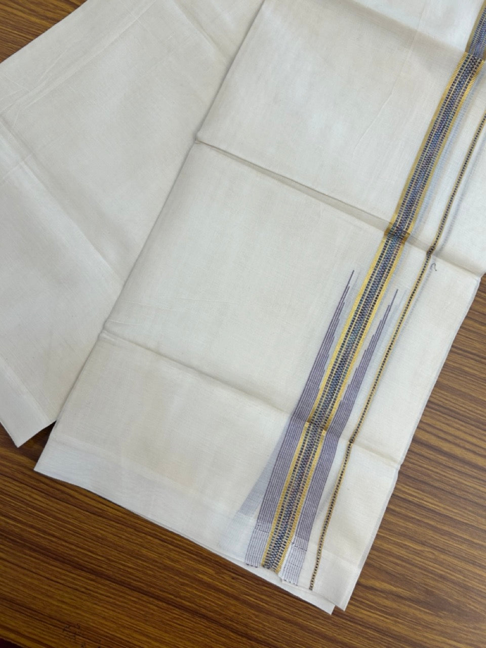 20% Discount ! Kaitharikada Balaramapuram 100% Pure Cotton Double Off white (Unbleached) Mundu/Dhoti - 100x80 - 1.75 inch Gold Kasav & Purple Stripes Chutty Kara - 25 KK5283 PMC