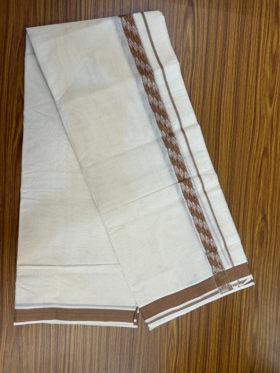 20% DISCOUNT ! KaithariKada Balaramapuram 100%  Cotton Double off white  (Unbleached) Mundu/Dhoti - 100X80 - 1.25 inch Silver kasavu & Brown jacquard design kara - 4 mtr (8.5 Muzham) - 29 KK5283 PMC