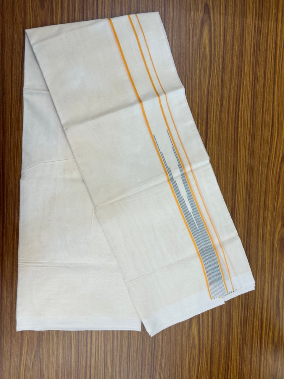 20% Discount! KaithariKada Balaramapuram 100% Cotton Double off white (Unbleached) Mundu/Dhoti - 100X80 - 1.5 inch Yellow, Green & Red Striped chutty Kara 4 mtr (8.5 Muzham) - 66 KK5283 PMC