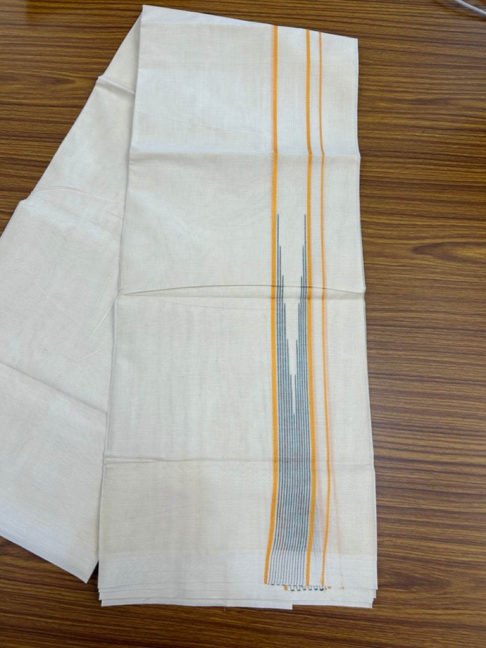 20% Discount! KaithariKada Balaramapuram 100% Cotton Double off white (Unbleached) Mundu/Dhoti - 100X80 - 1.5 inch Yellow, Green & Red Striped chutty Kara 4 mtr (8.5 Muzham) - 66 KK5283 PMC