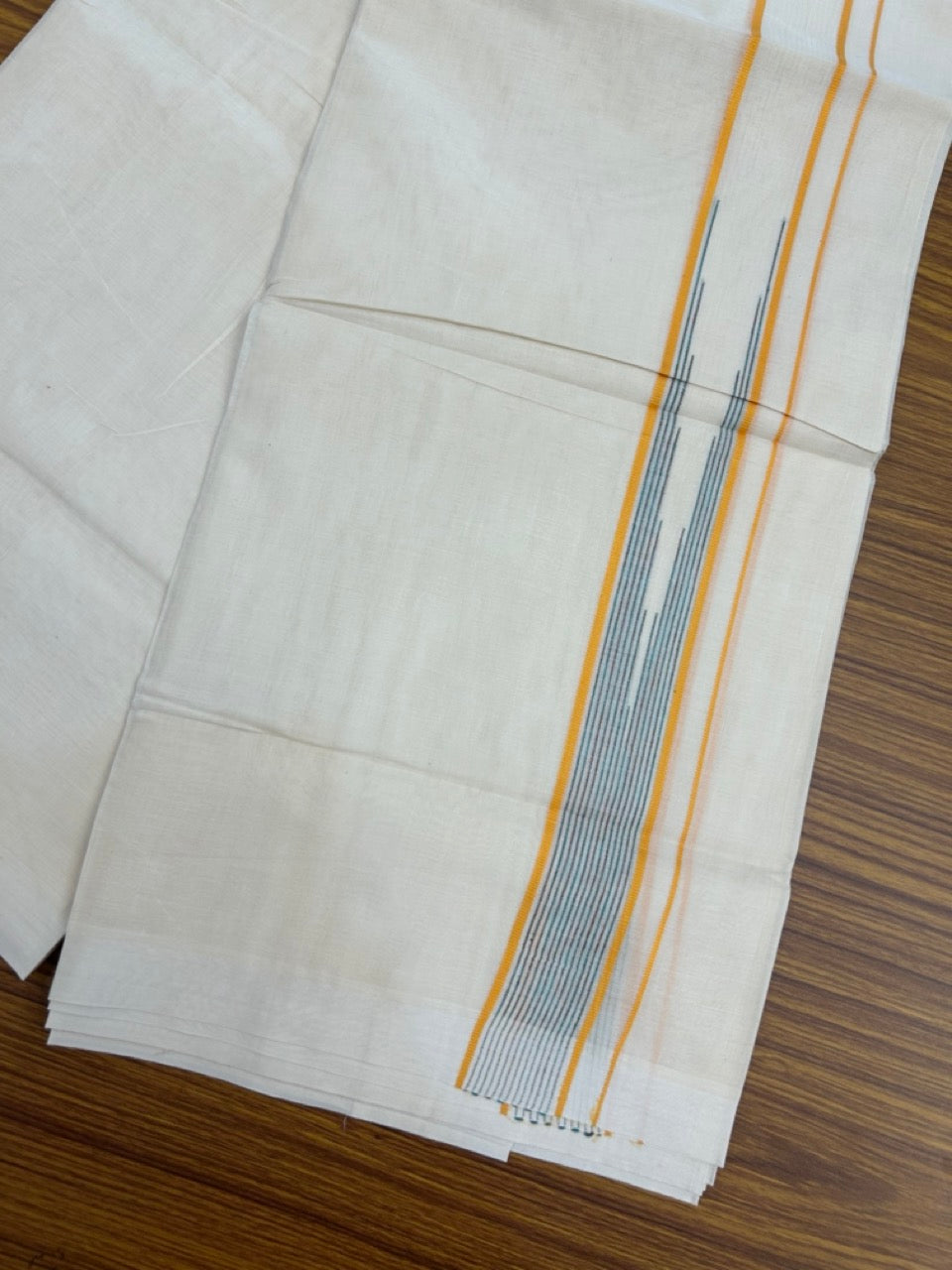 20% Discount! KaithariKada Balaramapuram 100% Cotton Double off white (Unbleached) Mundu/Dhoti - 100X80 - 1.5 inch Yellow, Green & Red Striped chutty Kara 4 mtr (8.5 Muzham) - 66 KK5283 PMC