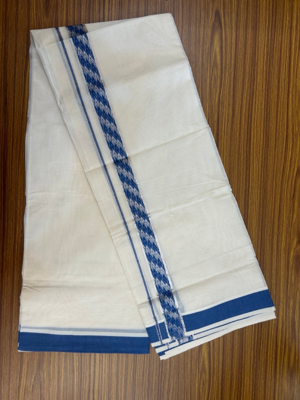 20% DISCOUNT ! KaithariKada Balaramapuram 100%  Cotton Double off white  (Unbleached) Mundu/Dhoti - 100X80 - 1.25 inch Silver kasavu & Blue jacquard design kara - 4 mtr (8.5 Muzham) - 28 KK5283 PMC