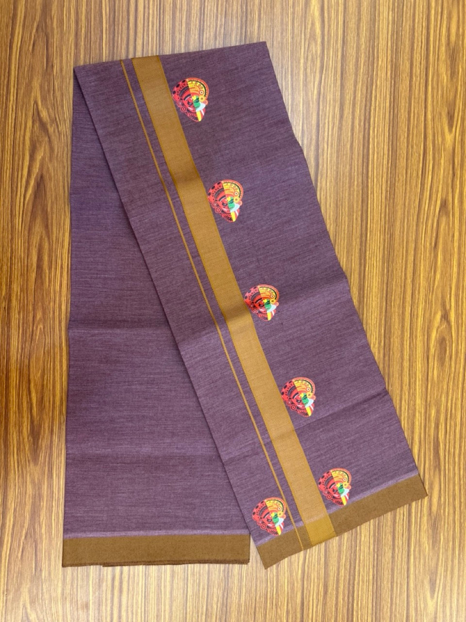 22% Discount! Kaitharikada Pure Cotton - Single Kaily / Lungi - (40s) - 1.25 inch Mustard Yellow striped Theyyam Kadhakali Printed Design kara with Plum Wine shaded colour body  (2 meter / 4 muzham) - 12 KK8028 GAN