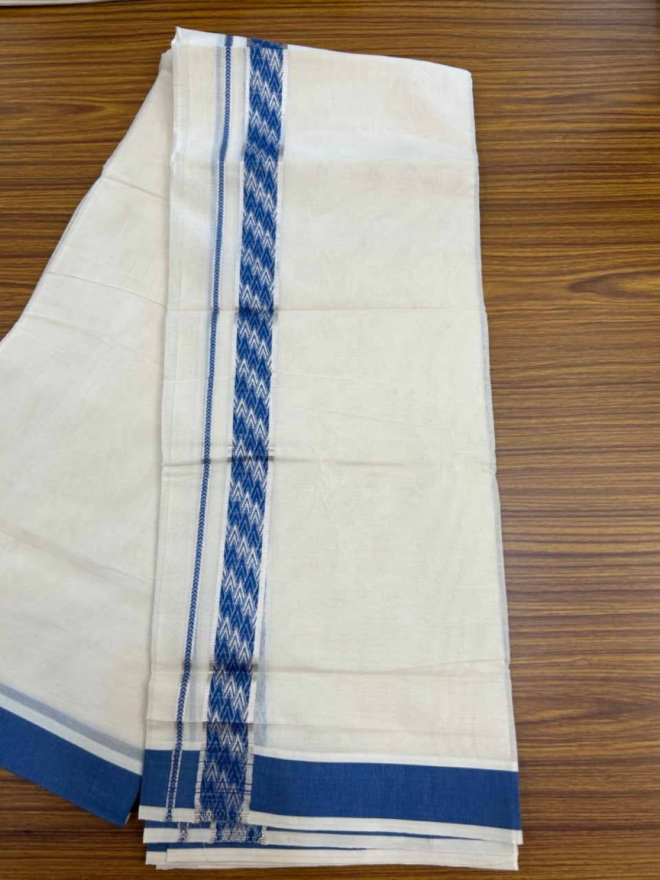 20% DISCOUNT ! KaithariKada Balaramapuram 100%  Cotton Double off white  (Unbleached) Mundu/Dhoti - 100X80 - 1.25 inch Silver kasavu & Blue jacquard design kara - 4 mtr (8.5 Muzham) - 28 KK5283 PMC