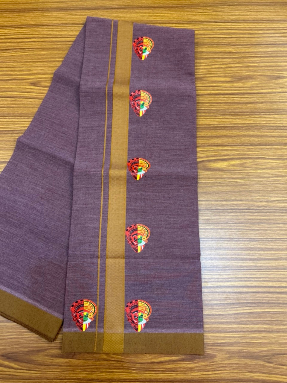 22% Discount! Kaitharikada Pure Cotton - Single Kaily / Lungi - (40s) - 1.25 inch Mustard Yellow striped Theyyam Kadhakali Printed Design kara with Plum Wine shaded colour body  (2 meter / 4 muzham) - 12 KK8028 GAN