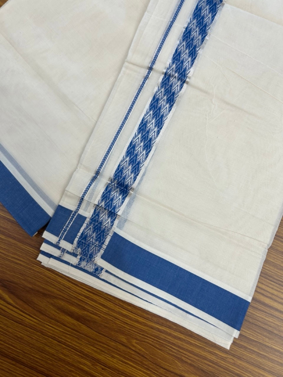 20% DISCOUNT ! KaithariKada Balaramapuram 100%  Cotton Double off white  (Unbleached) Mundu/Dhoti - 100X80 - 1.25 inch Silver kasavu & Blue jacquard design kara - 4 mtr (8.5 Muzham) - 28 KK5283 PMC