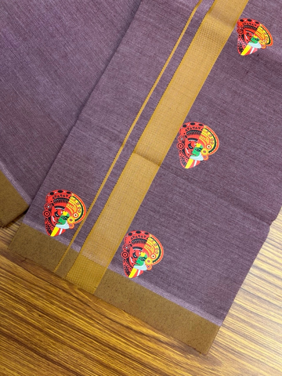 22% Discount! Kaitharikada Pure Cotton - Single Kaily / Lungi - (40s) - 1.25 inch Mustard Yellow striped Theyyam Kadhakali Printed Design kara with Plum Wine shaded colour body  (2 meter / 4 muzham) - 12 KK8028 GAN