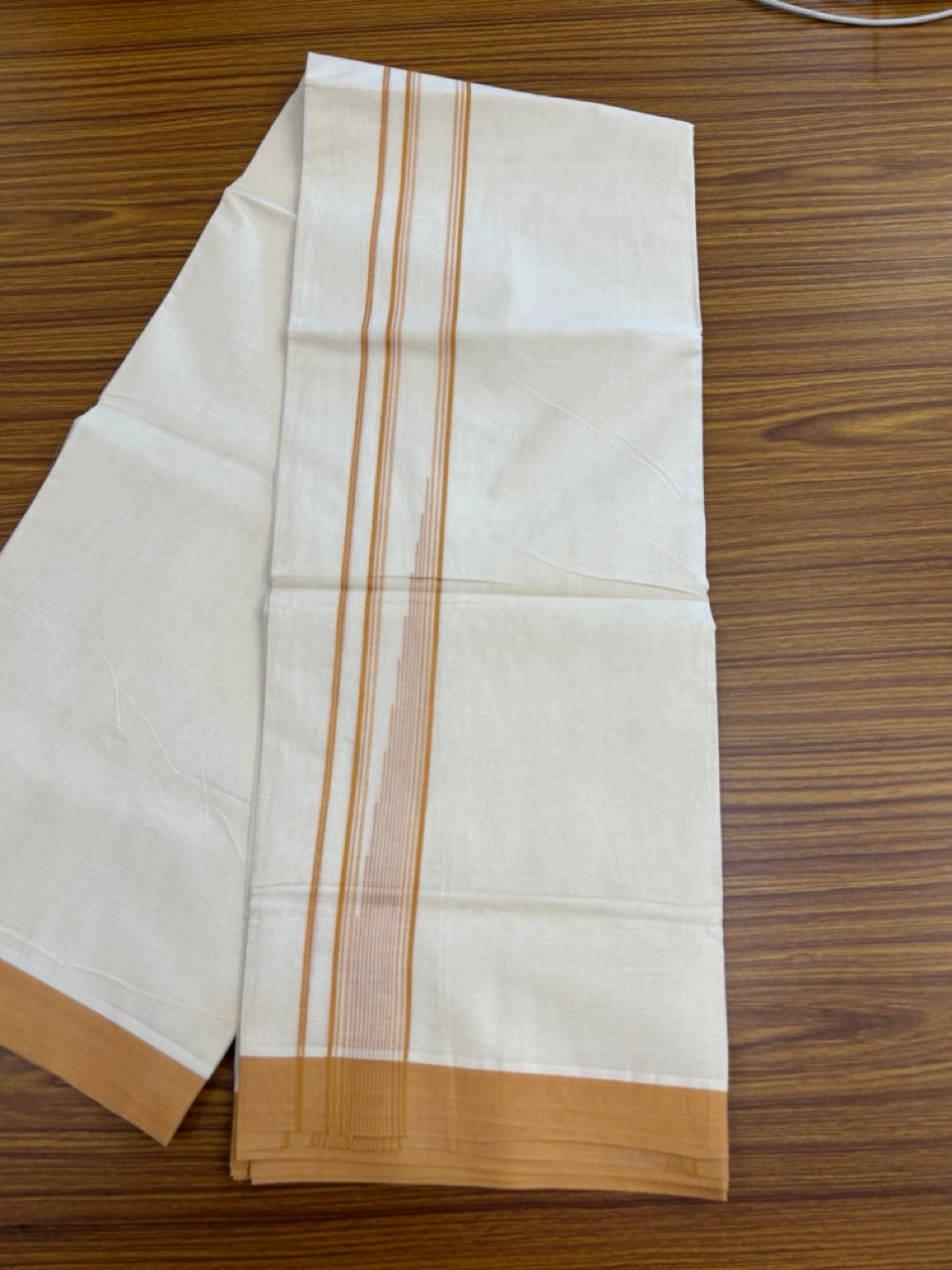 20% Discount! KaithariKada Balaramapuram 100% Cotton Double off white (Unbleached) Mundu/Dhoti - 100X80 - 1.75 inch Amber Orange Striped chutty Kara 4 mtr (8.5 Muzham) - 56 KK5283 PMC