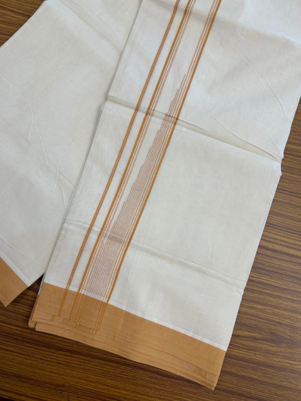 20% Discount! KaithariKada Balaramapuram 100% Cotton Double off white (Unbleached) Mundu/Dhoti - 100X80 - 1.75 inch Amber Orange Striped chutty Kara 4 mtr (8.5 Muzham) - 56 KK5283 PMC