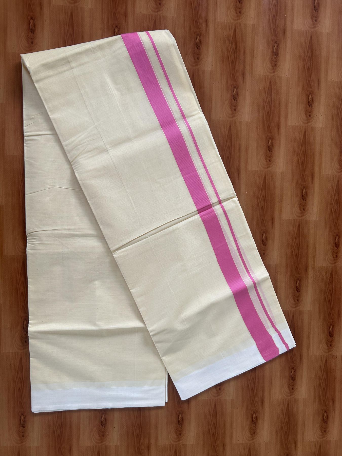 Kannur Kavi - 20% Discount! KaithariKada Balaramapuram Double Mundu/Dhoti - Pure Cotton - 100x80 - Kannur Yellow colour Body 1 Inch Bright Pink kara - 4 mtr - (8.5 muzham) - 7 KK5389 GAN