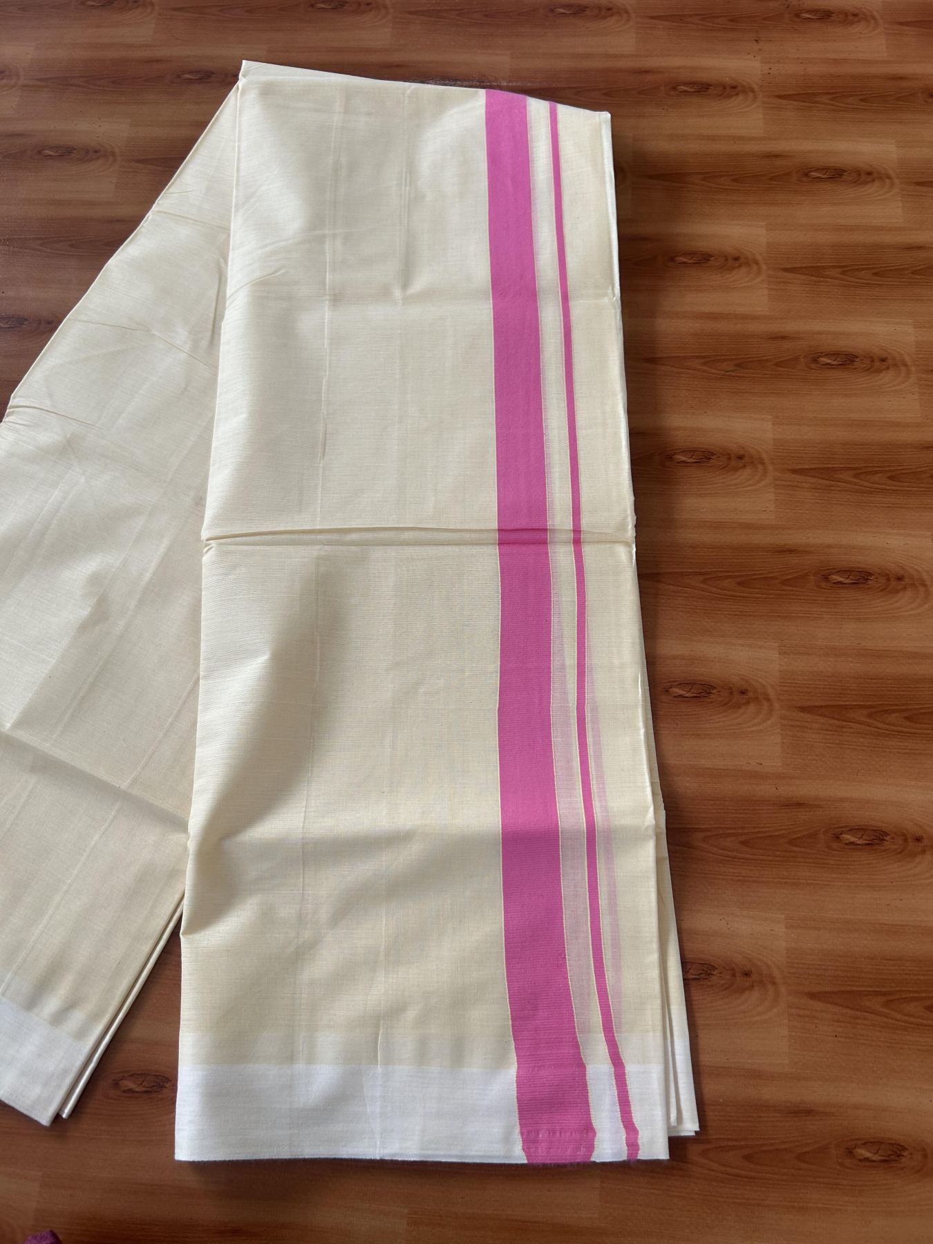 Kannur Kavi - 20% Discount! KaithariKada Balaramapuram Double Mundu/Dhoti - Pure Cotton - 100x80 - Kannur Yellow colour Body 1 Inch Bright Pink kara - 4 mtr - (8.5 muzham) - 7 KK5389 GAN