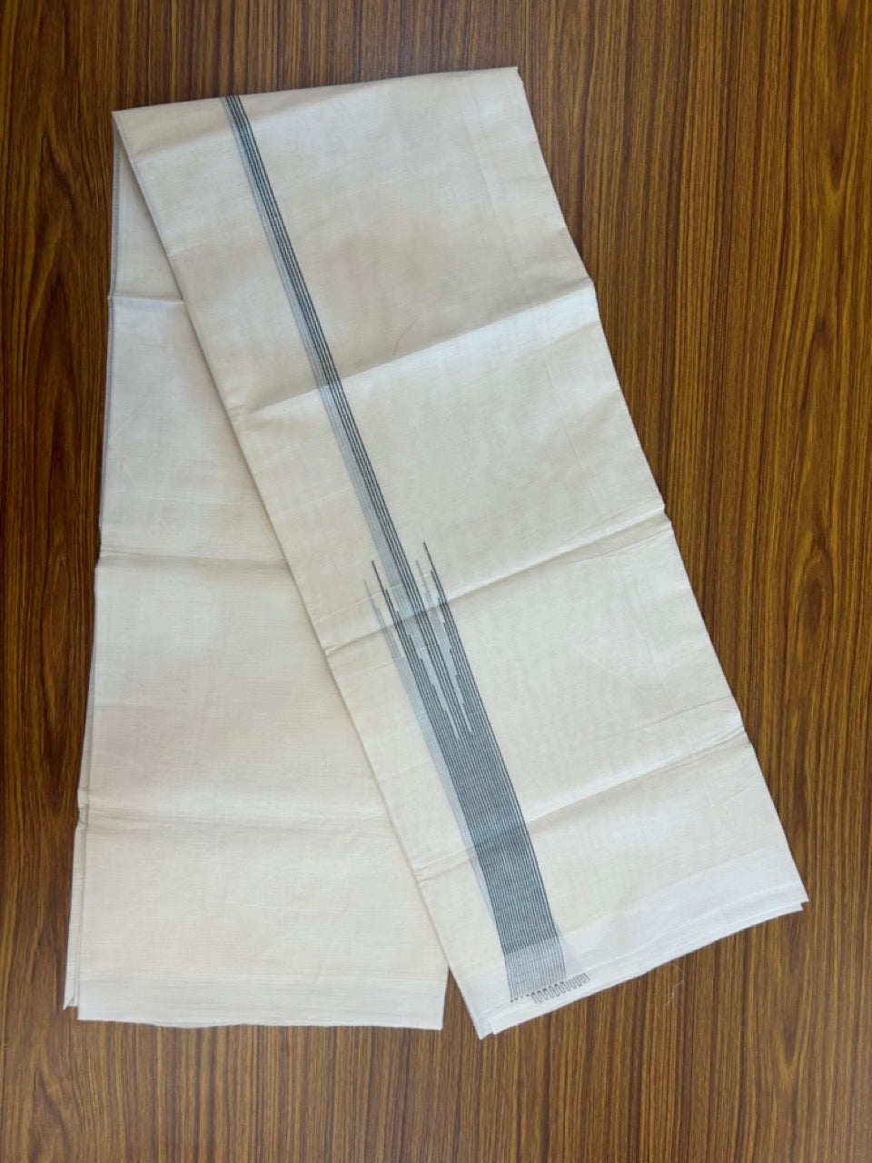 20% Discount! KaithariKada Balaramapuram 100% Cotton Double off white (Unbleached) Mundu/Dhoti - 100X80 - 1.5 inch Dark Green Striped chutty Kara 4 mtr (8.5 Muzham) - 65 KK5283 PMC